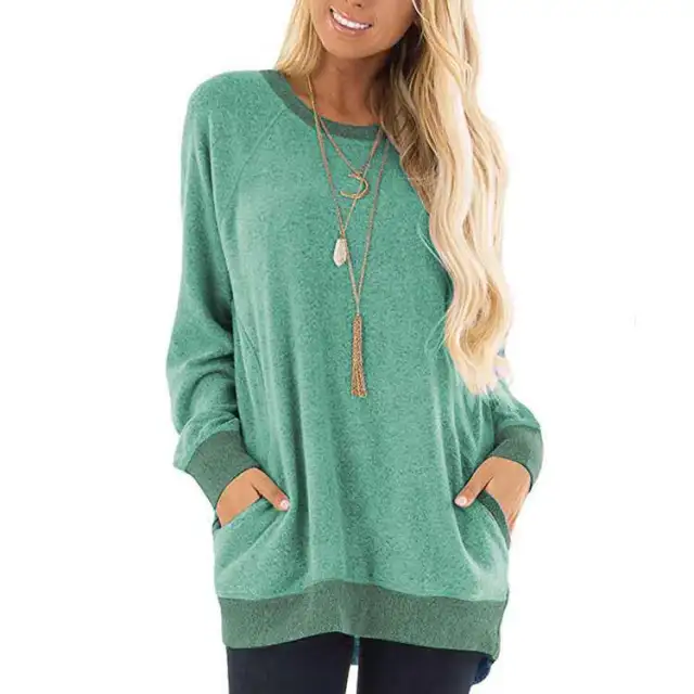 Contrast Pocket Sweater Long Sleeve Round Neck Pullover Sweatshirt Casual Green - Shop at LoveMi