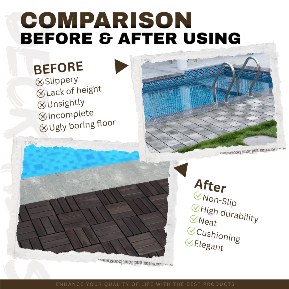 Acacia Wood Interlocking Deck Tiles Checker Pattern, 10PCS 12inch X 12inch Square Dark Brown Acacia Hardwood Outdoor Flooring For Patio, Bancony, Pool Side