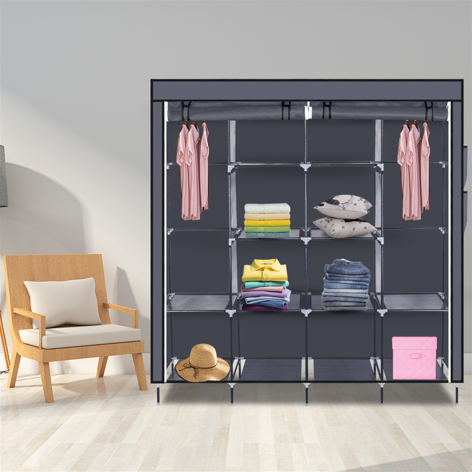 67 Inch Clothes Closet Portable Wardrobe Clothes Storage Rack 12 Shelves 4 Side Pockets Gray