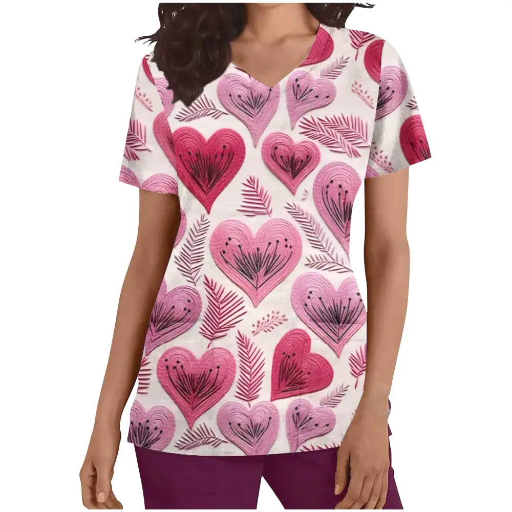 Style Printed Women's Nurse Uniform with Pocket Vneck Short