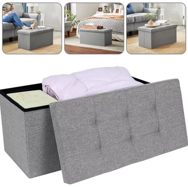Folding Ottoman Storage Box Pouffe Seat Stool Home Chair Foot Stool Bench LINEN 2