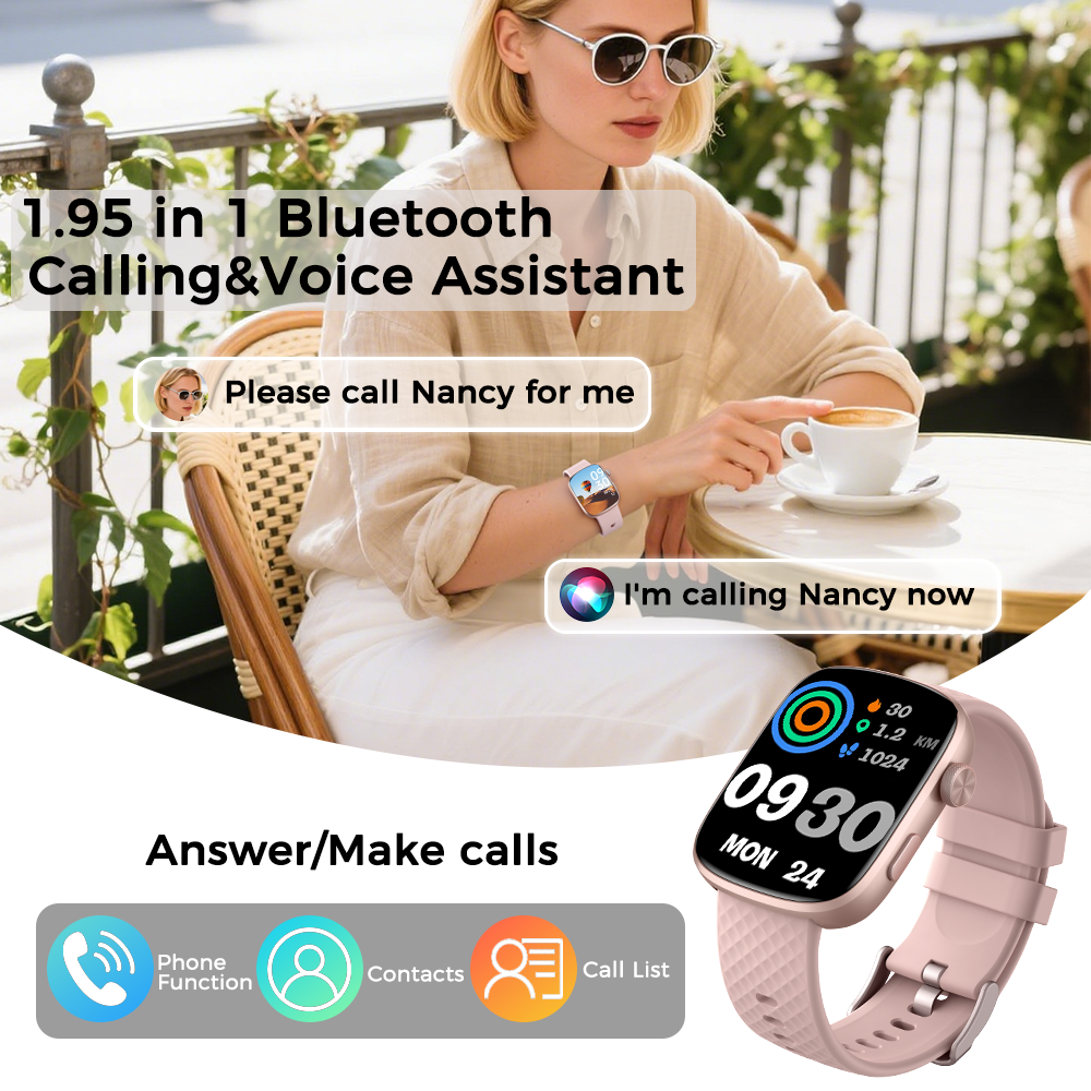Smart Watch Bluetooth Call &1.95 HD Screen -Heart Rate SpO2 Sleep Monitor, 3ATM Waterproof Fitness Tracker For IoS Android