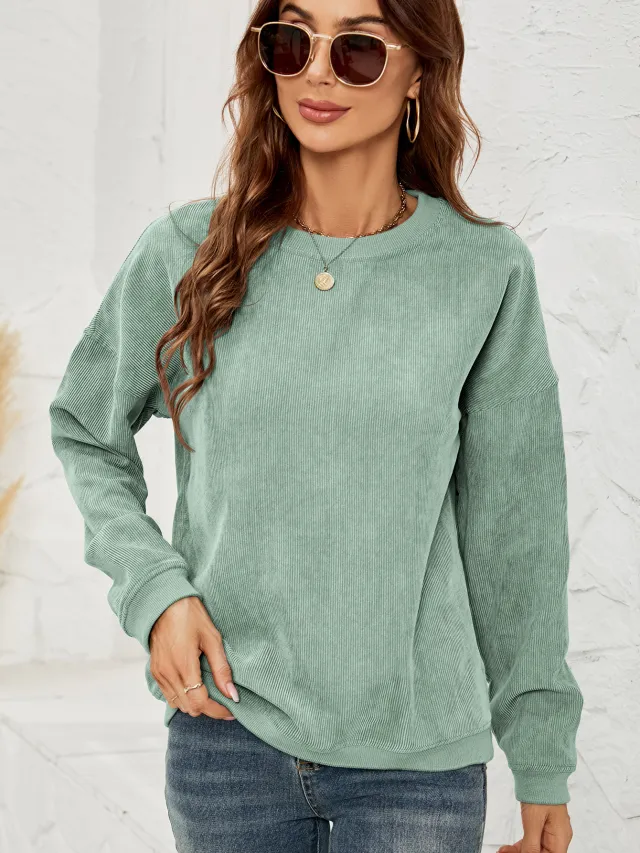 Corduroy Pullover Sweatshirt Casual Fashion Solid Round Neck Long sleeved Tops Spring And Autumn Clothing For Women Green - Shop at LoveMi
