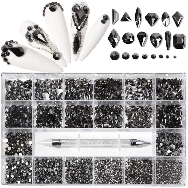 21 Grid Boxed Nail Rhinestone Flat Glass Jewelry Set