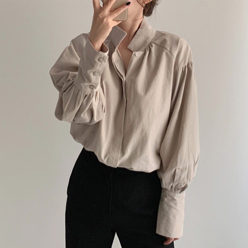 Title 3, Stand-up Collar Loose Casual Puff Sleeve Shirt