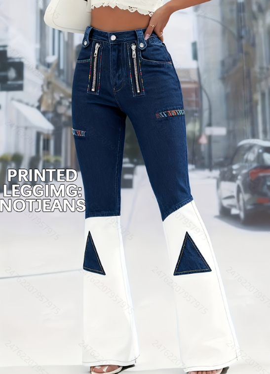 Ursime Zipper Button Flare Leg Patchwork Pants