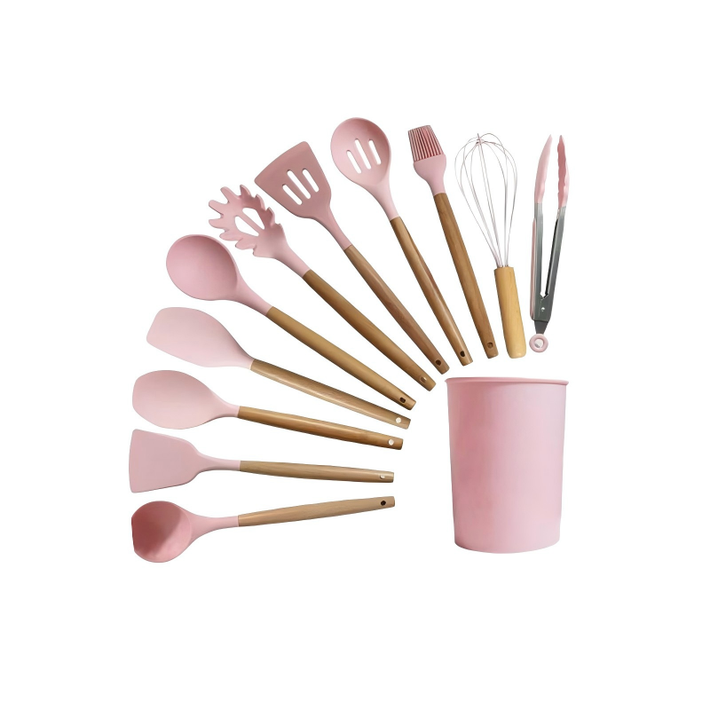 Kitchen Utensil Set 12 PCS Silicone Cooking Tools With Wooden Handle, Cooking Utensils Set Heat Resistant & Non-Scratch For Nonstick Pans, Utensil Set Includes Spatula, Spoon & Tongs, Kitchen Accessor