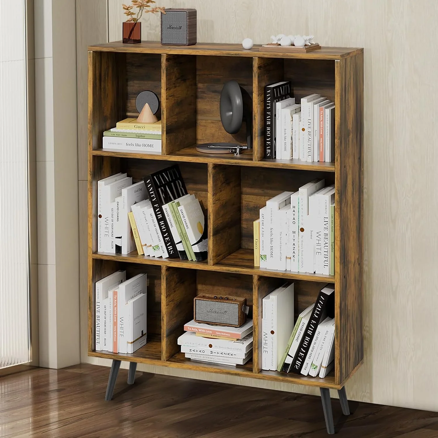Wooden Cubic Bookshelf, Three-layer Open Cabinet With Legs, Made Of Natural Wood