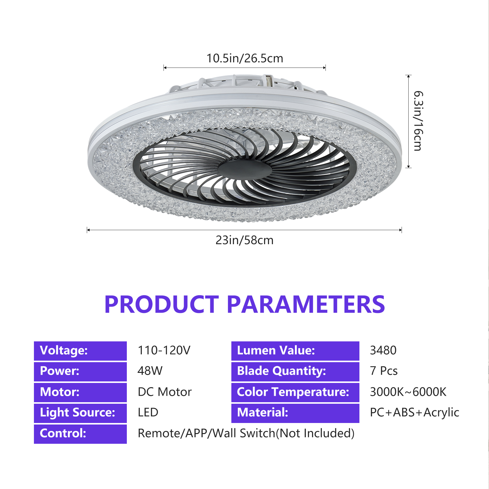 23 Inch Led Enclosed Ceiling Fans With Lights, RGB Bladeless Modern Ceiling Fan... 3