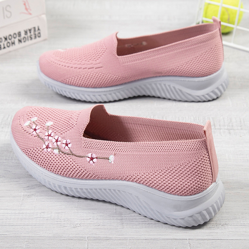 Flower Embroidery Flats Summer Walking Shoes Women's Mesh Breathable Casual Shoes