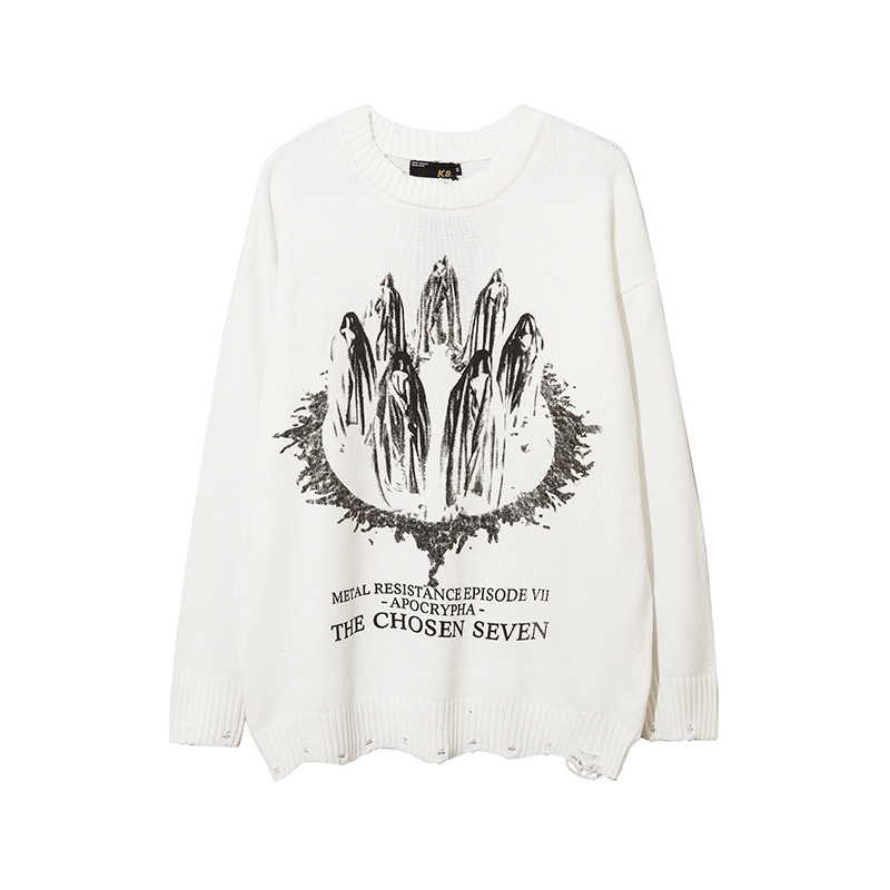 Men's Loose-fitting Lazy Round Neck Knit Sweater With Ripped Hem