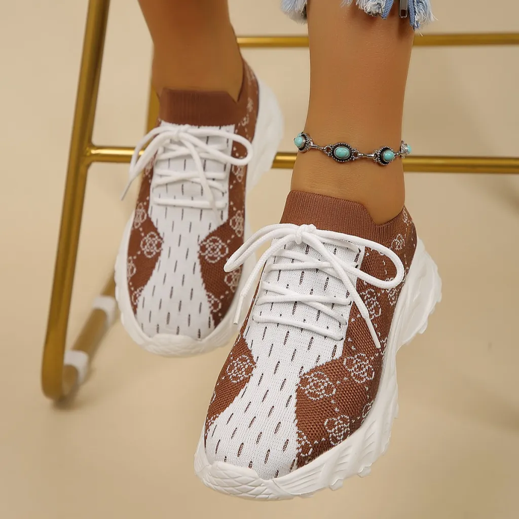 Floral Print Colourblock Mesh Shoes Casual Light Lace-up Sneakers For Women - Brown