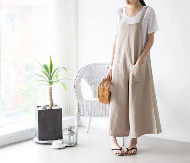 New Loose Casual Wide Leg Cotton Hemp Sling Jumpsuit Khaki - Shop at LoveMi