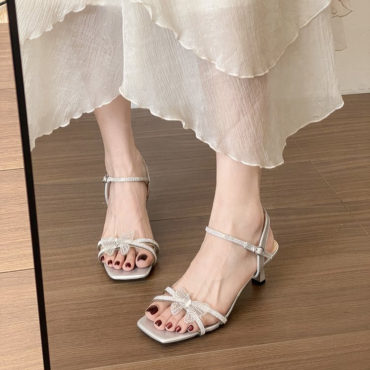 Women's Bow High Heel Roman One-Strap Sandals, French Gentle Style Rhinestone Exquisite Stiletto Square Toe Backless Pumps