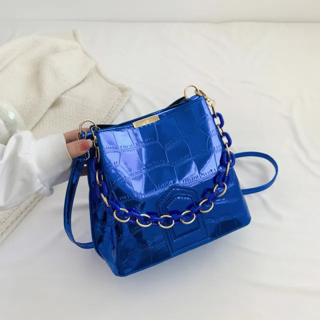 Laser Chain Handbag Large Capacity Crossbody Bucket Bag Blue - Shop at LoveMi