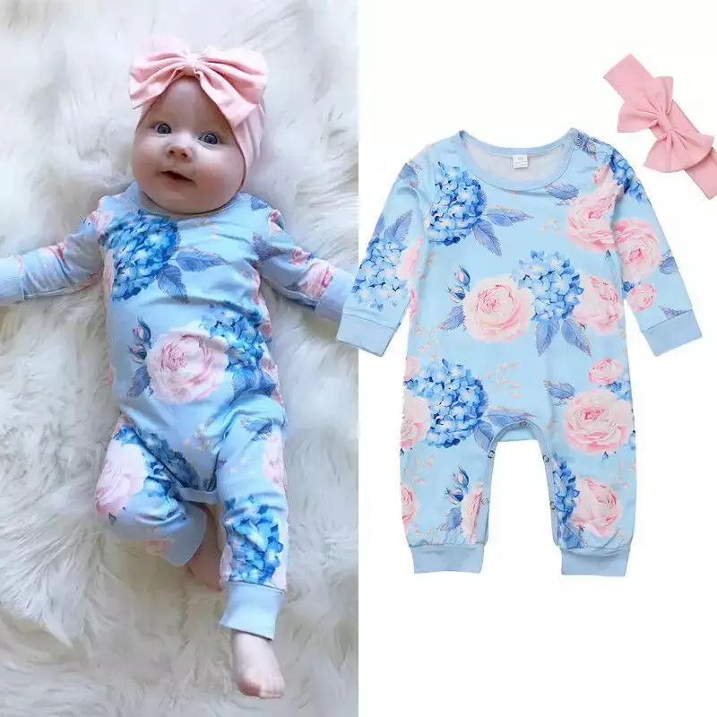 Girls' Long-sleeved Flower Climbing Romper And Headband Jumpsuit
