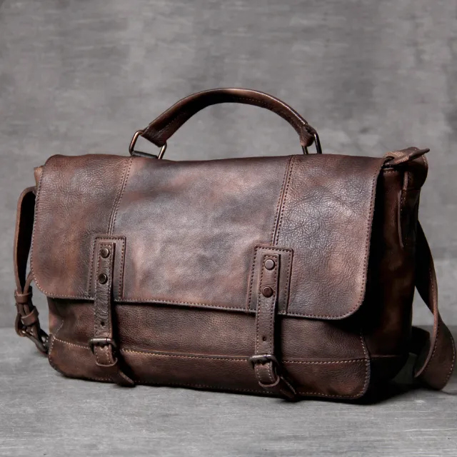 Vintage Distressed First Layer Cowhide One shoulder Messenger Bag Coffee - Shop at LoveMi