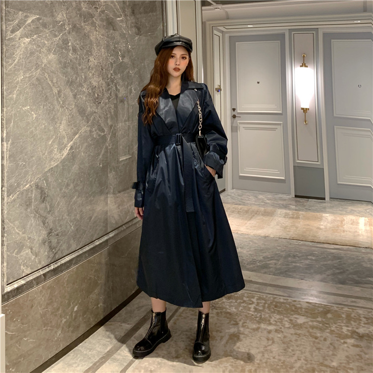 Fashion Loose Long Coat Women Retro Over-the-knee Lace-up Motorcycle