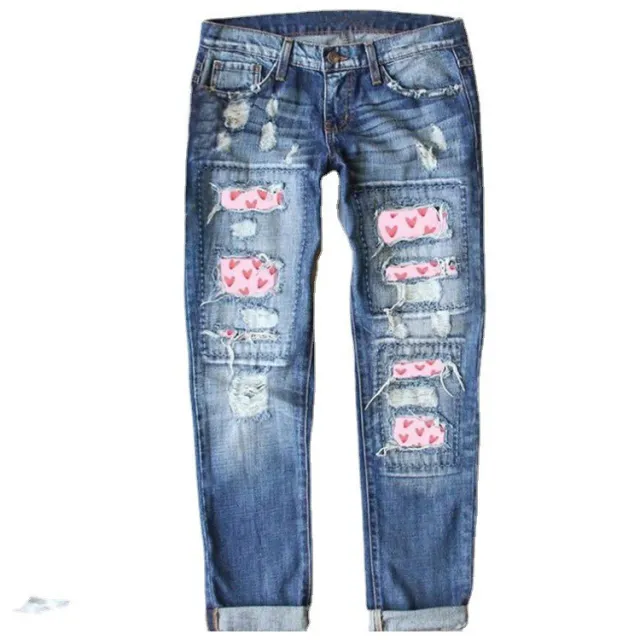 Printed Washed Loose Fitting Wide Leg Jeans Pink Heart - Shop at LoveMi