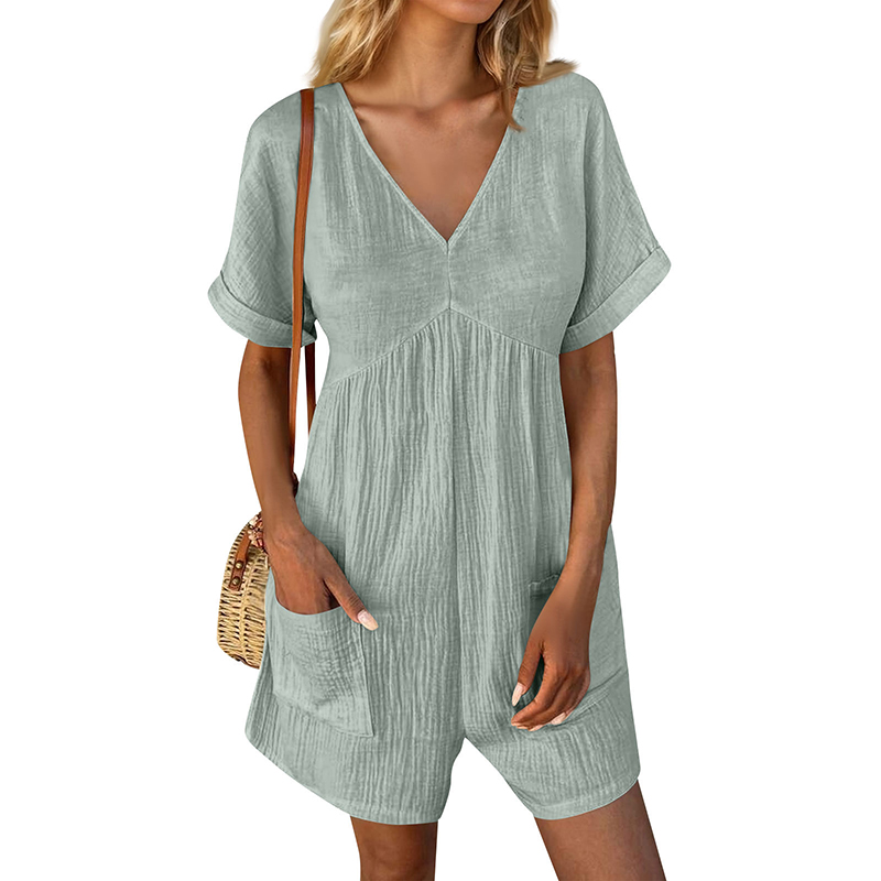 Damen Sommer Strampler Freizeit Kurzarm V-Ausschnitt Kurz Overalls mit Taschen - Bild 7 von 13