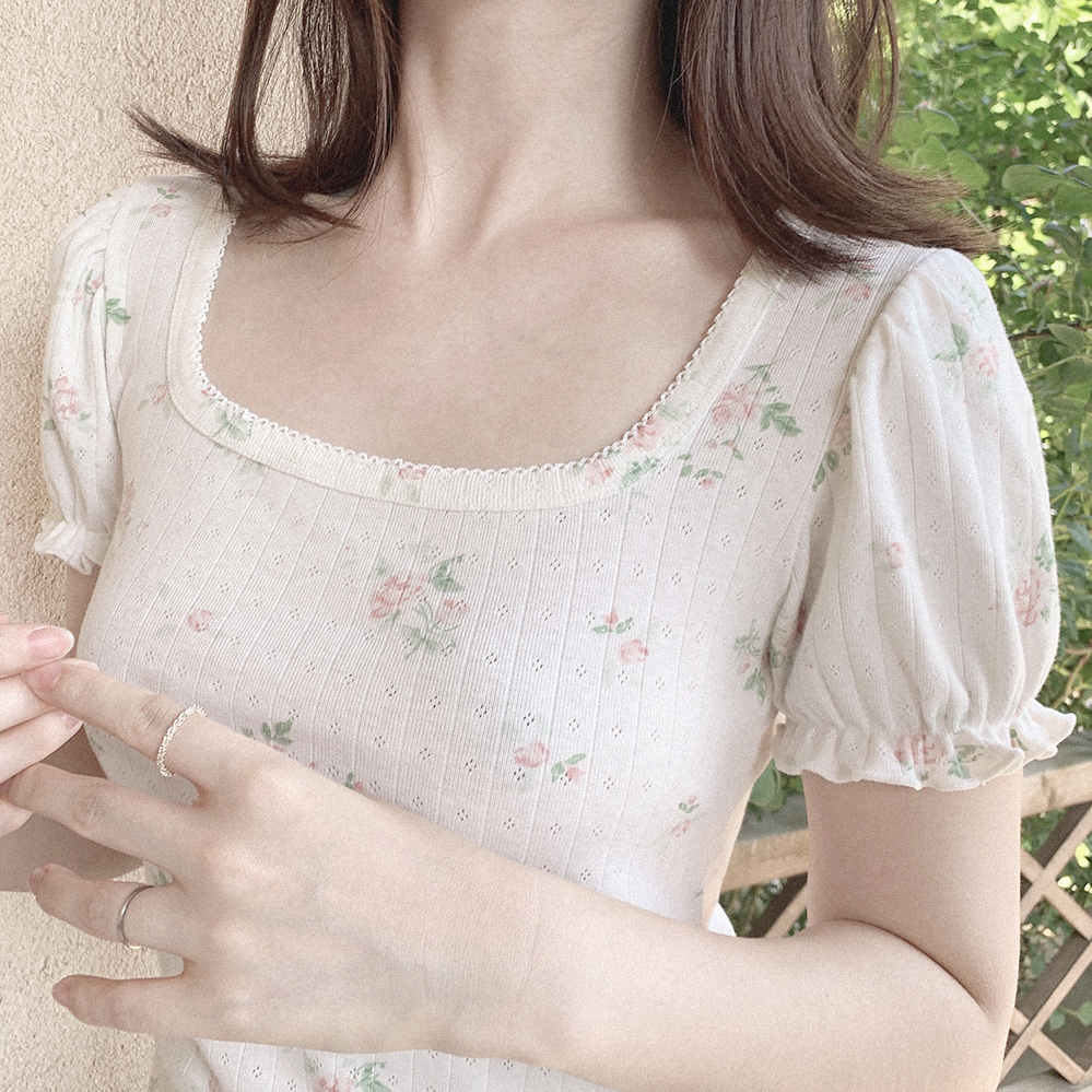 Retro French Girl Cream Rose Short Sleeves