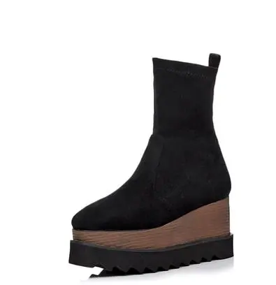 Square Toe Wedge Platform Stretch Boots Black - Shop at LoveMi