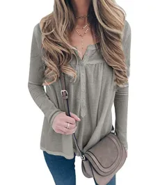 European And American Women's Waffle Loose Button Long-sleeved Top - Grey - View 1