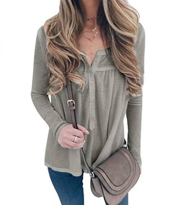 European And American Women's Waffle Loose Button Long sleeved Top Grey - Shop at LoveMi