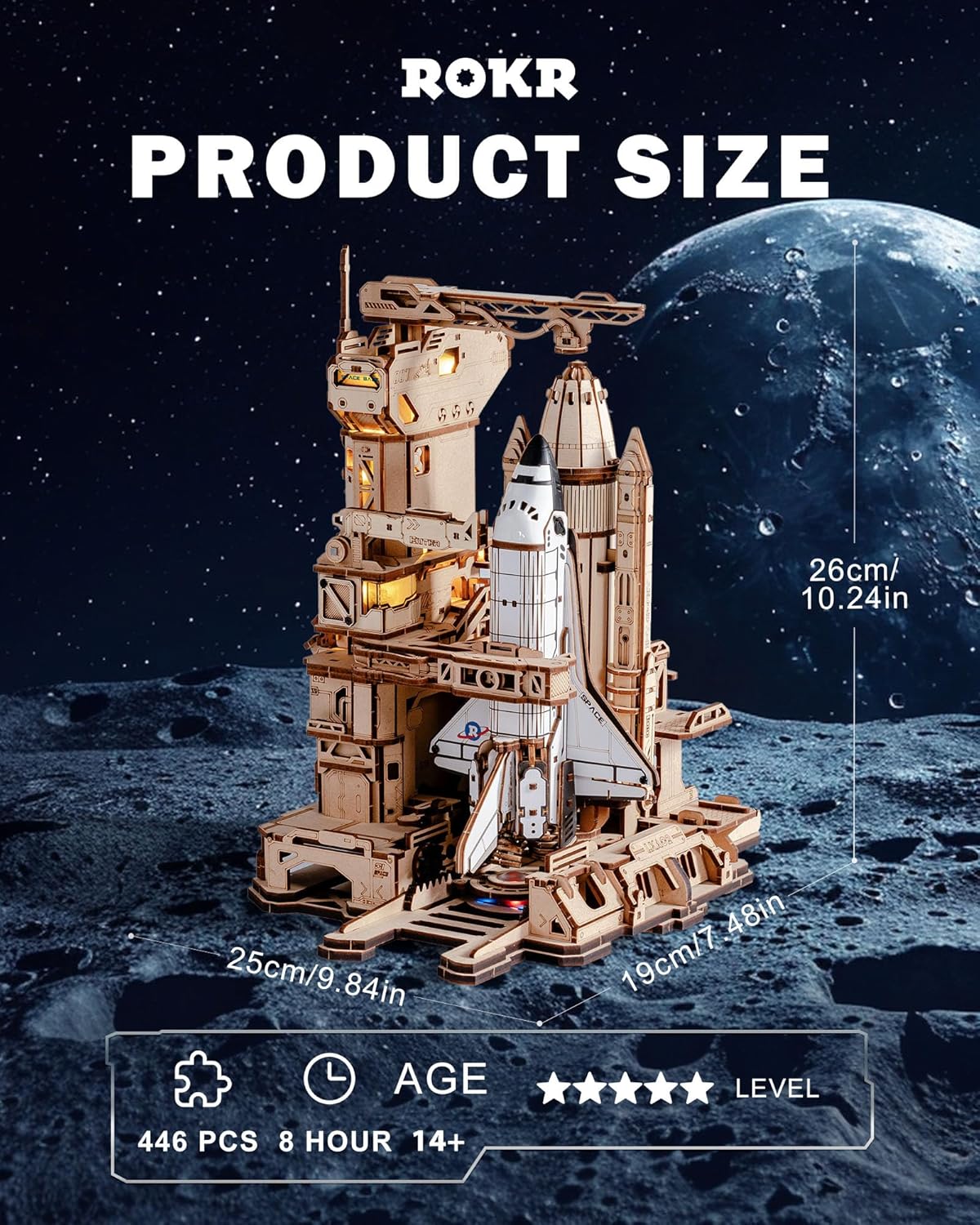 ROKR 3D Wooden Space Shuttle Model Kit - 446-piece STEM Building Toy With Launch Simulation And LED Light Effects, DIY Puzzle, A Unique Gift For Space Enthusiasts