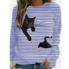 3D Cartoon Pattern Round Neck Stripe Long Sleeve T-shirt - Purple - View 1