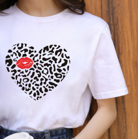 Leopard Print Love Lip Print Fashion Western Style Summer Ladies Print Short-sleeved T-shirt Top