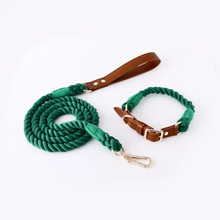 Cotton Rope Woven Leather Pet Leash Collar Set Medium Large Dog Walking - Dark Green