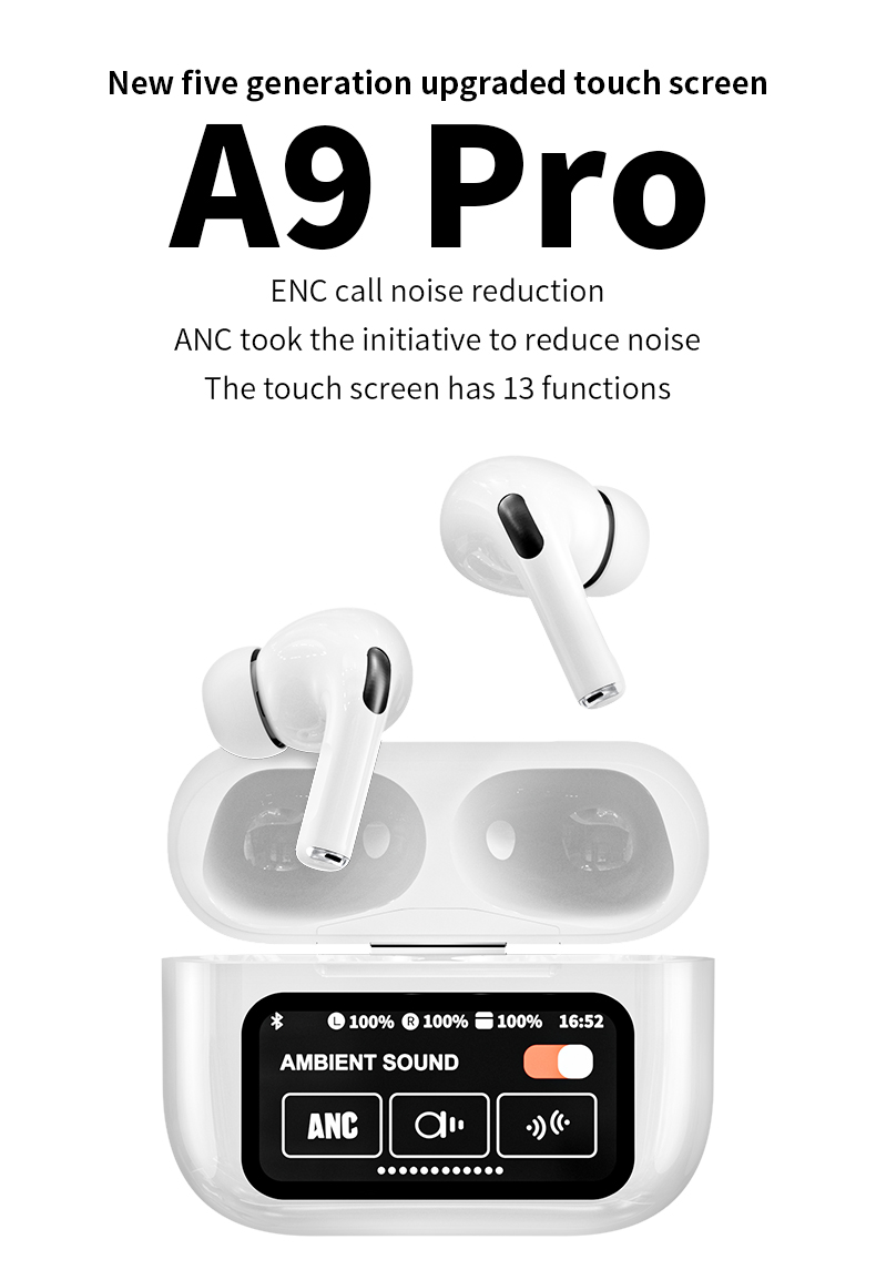 Wireless earbuds Bluetooth 5.3 with active noise cancellation and charging case.