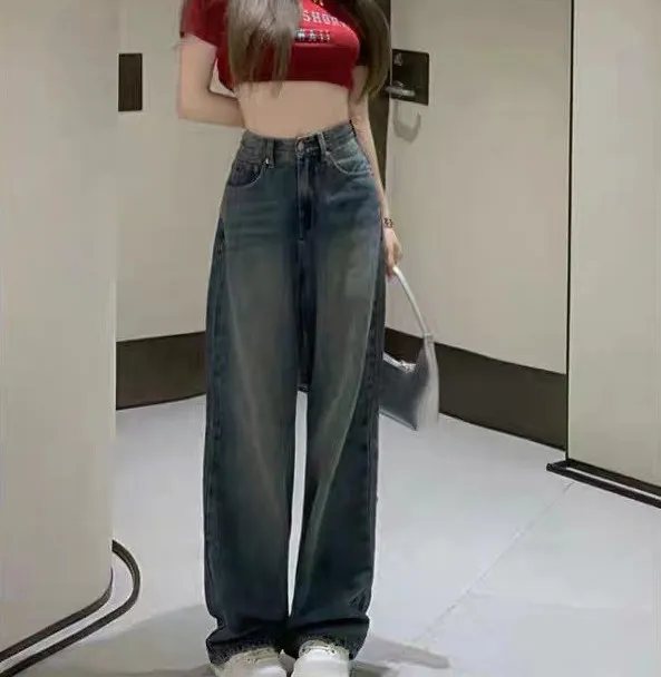 High Waist Wide Leg Pants Straight Jeans - Blue