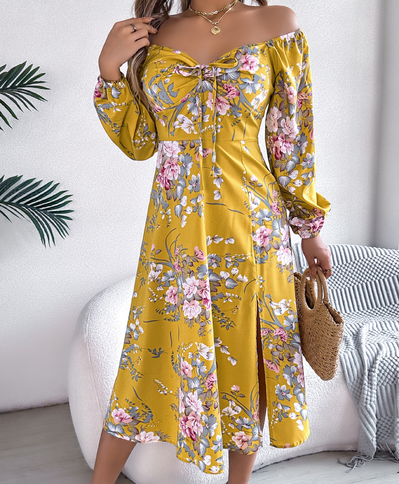 Women’s Sexy Tie Knot Floral Print Long Sleeve Split Dress