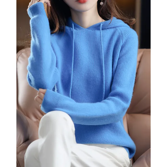 Hooded Cashmere Sweater Women's Pullover Loose Short Hooded Sweater Blue - Shop at LoveMi