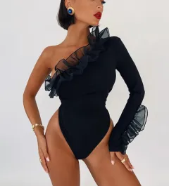 Women's Fashion Mesh Ruffle Fly One Shoulder Sleeve Slant Collar Slim Bodysuit T-Shirt Women - Black - View 1