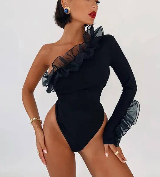 Women's Fashion Mesh Ruffle Fly One Shoulder Sleeve Slant Collar Slim Bodysuit T-Shirt Women - Black