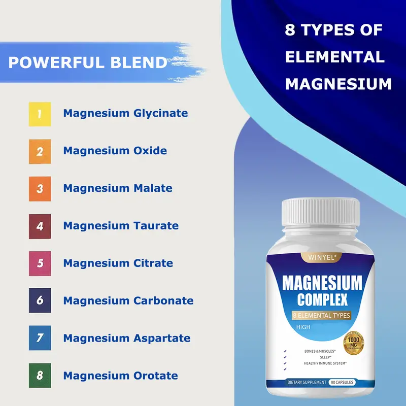 WINYEL MAGNESIUM COMPLEX Wellness Capsules With Malate & Glycinate And 8 ELEMENTAL MAGNESIUM, Supports Health 90 Capsules, Dietary Supplement.