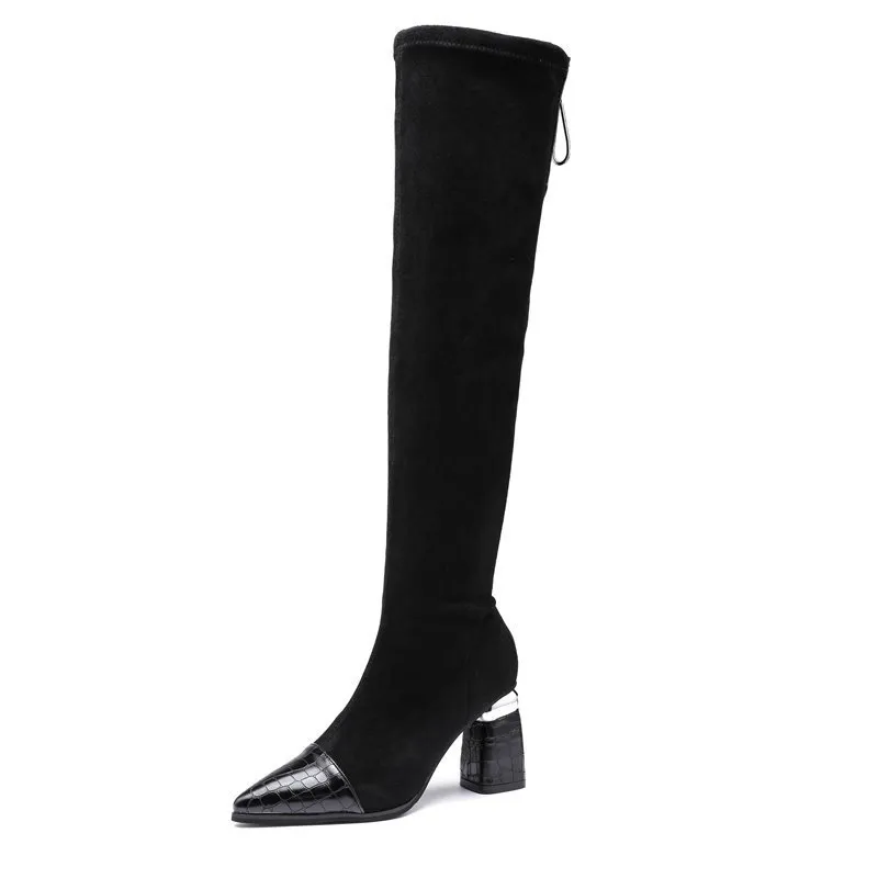 Pointed High-heeled Skinny Boots Thick-heeled Long Stretch Boots - Boots-38