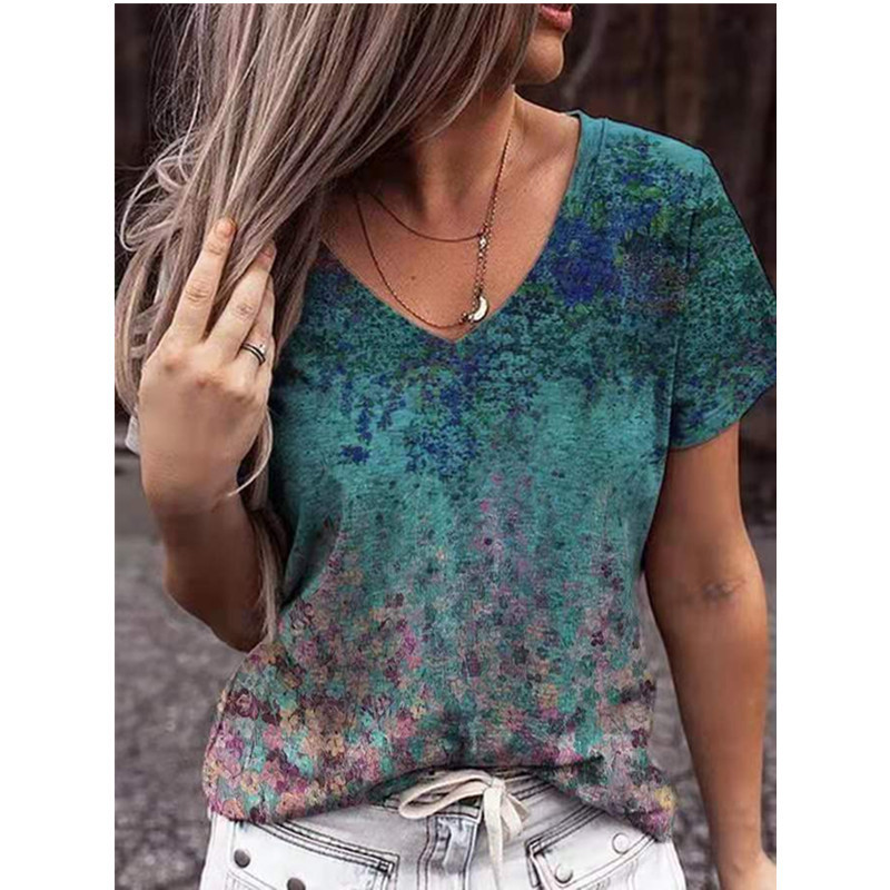 Fashion Printed European And American V-neck T-shirt