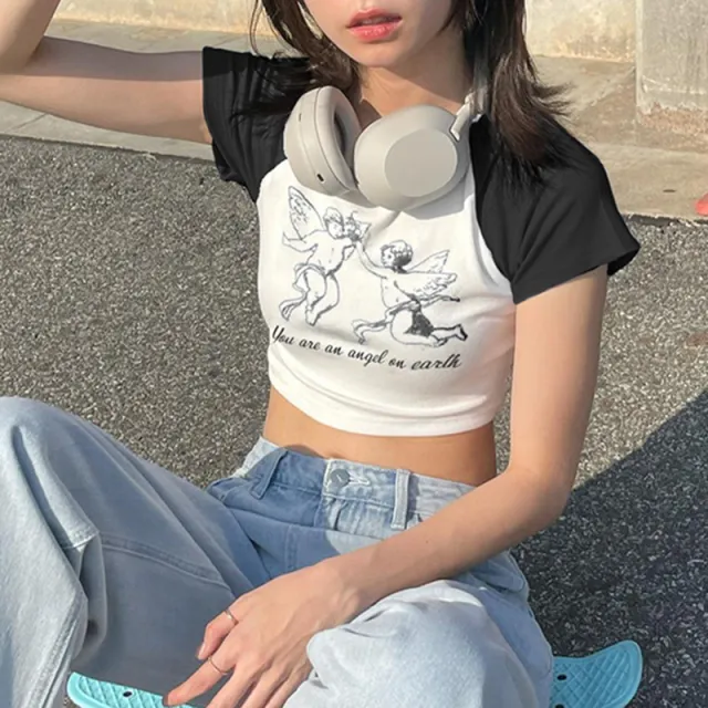 Fashion Angel Print Crewneck T shirt Women's Bump Color Insert Shoulder Short Sleeve Crop Slim Short Casual Top White - Shop at LoveMi