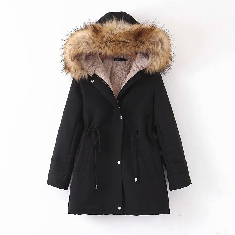 Women's Mid length Large Fur Collar Thickened Large Size Slim Waist Coat Jacket Black - Shop at LoveMi