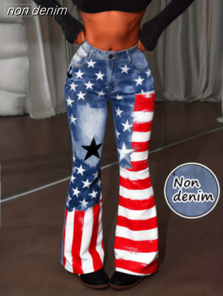 Pantalon évasé femme rétro imprimé, taille haute à bouton unique – Color1, XXL