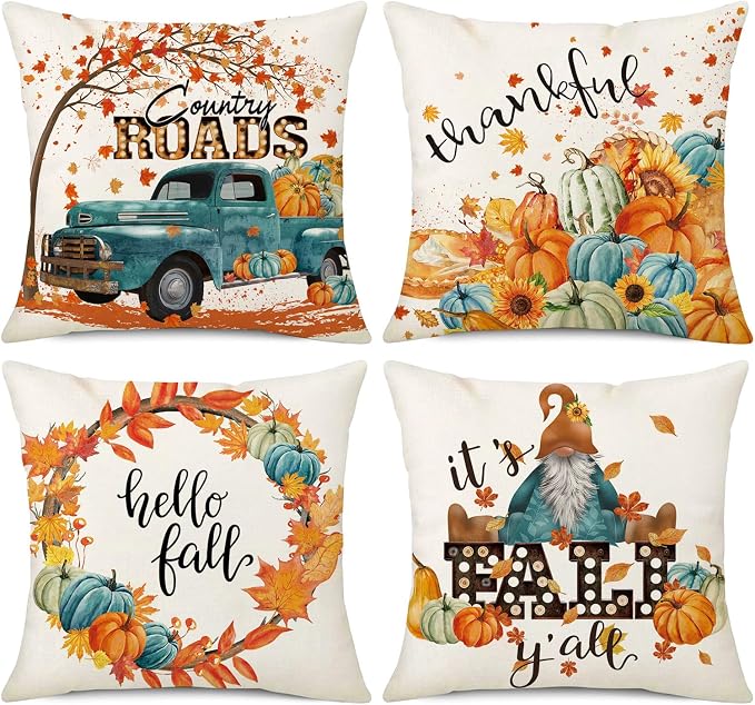 4-Piece Fall Pillow Covers, 18x18 Inch Maple Leaf, Pumpkin, Truck And Gnome Harvest Throw Cushion Cases