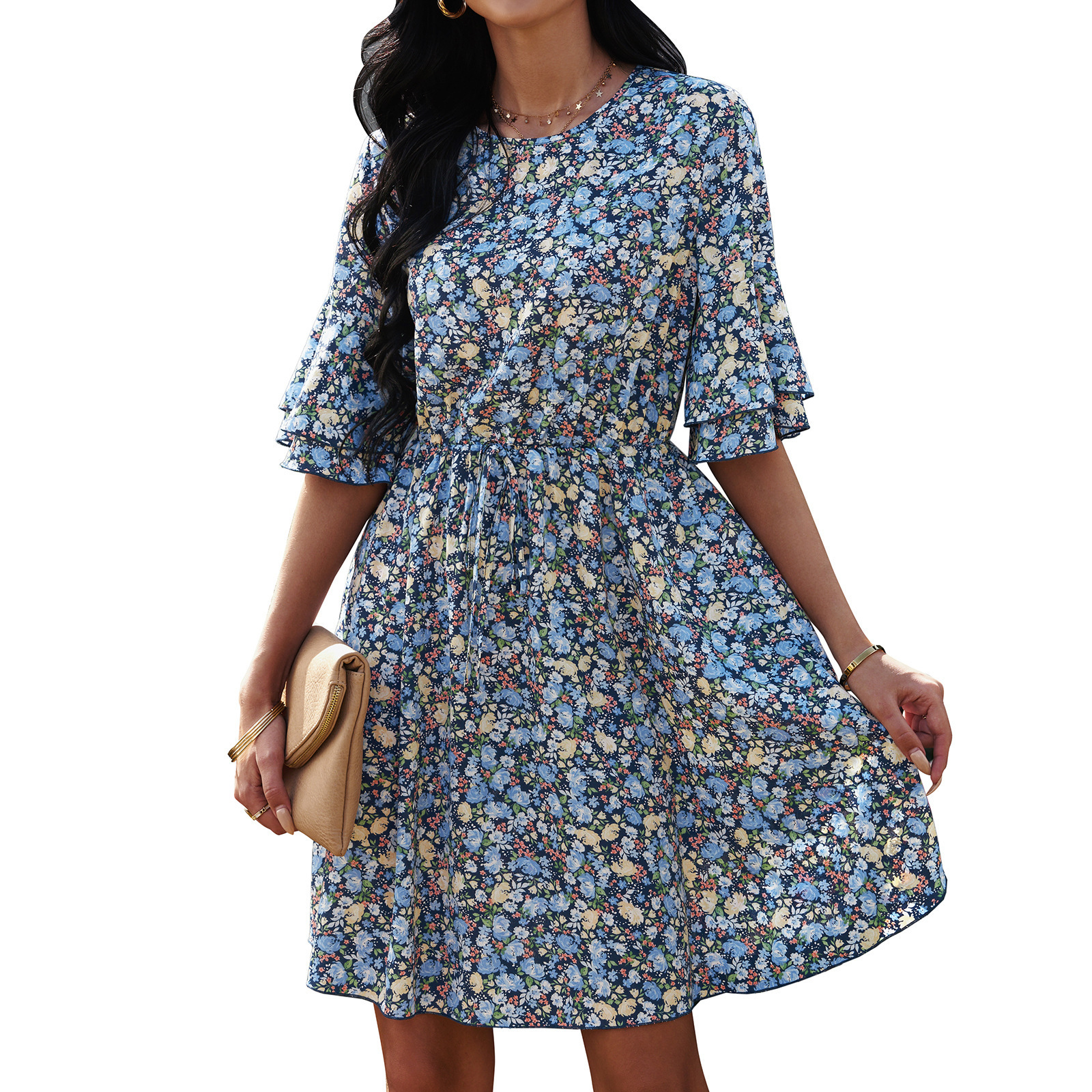 Women's Printed Waist Short Sleeve Dress