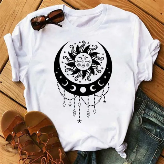 Printed Round Neck Loose White Women Short Sleeves H - Shop at LoveMi