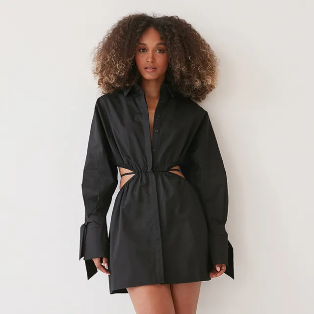 Waist Long sleeved Black And White Shirt Dress Lace up Temperament Commuter Black - Shop at LoveMi