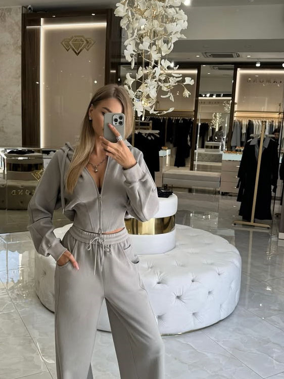 Solid Color Zip-up Cardigan Hooded Sweatshirt With Waist-cinching Design And Drawstring Pants Two-piece Set