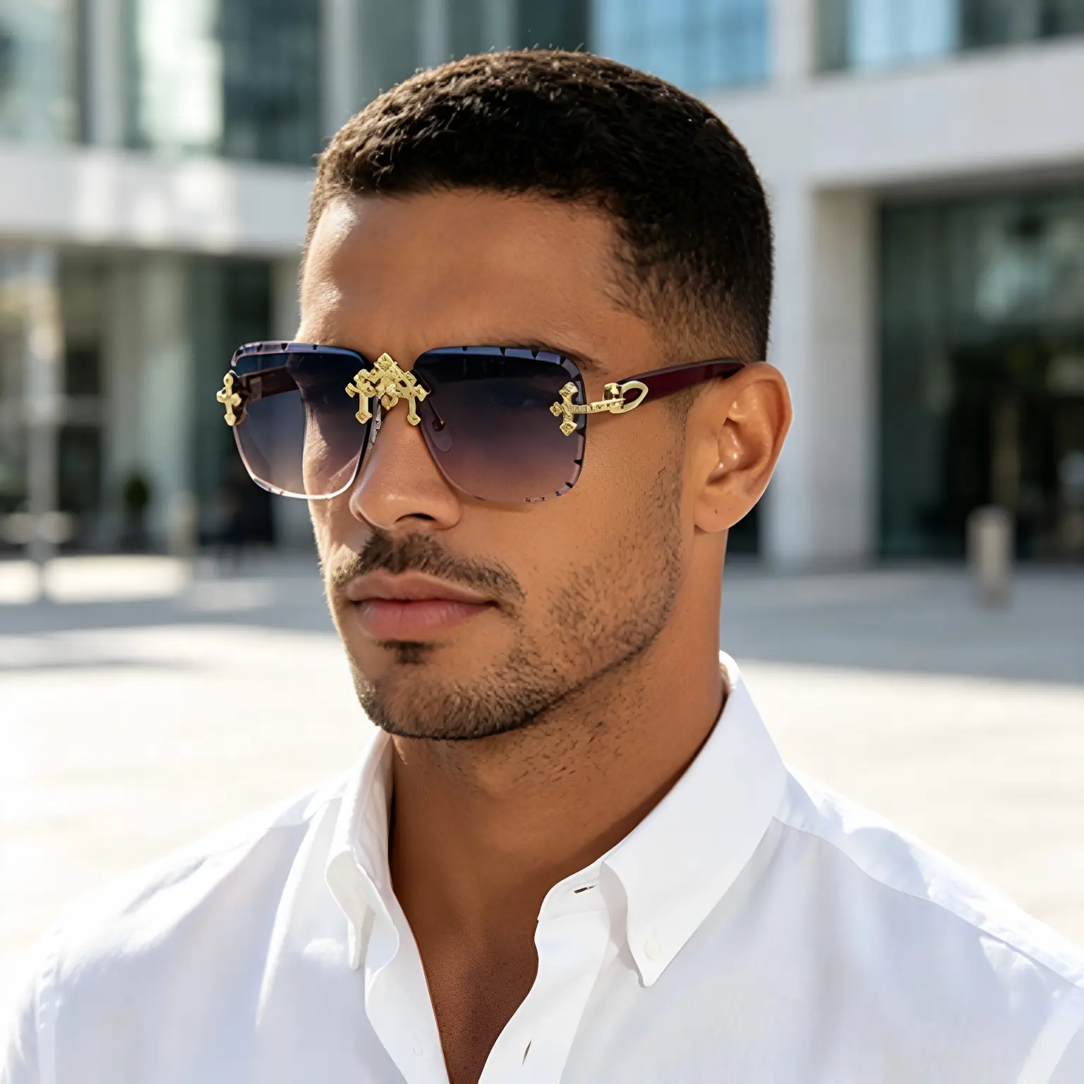 New European And American Retro Frameless Sunglasses For Men With Diamond-Cut Edges And Imitation Wood Grain Temples, Men's Sunglasses For Cross-Border Wholesal